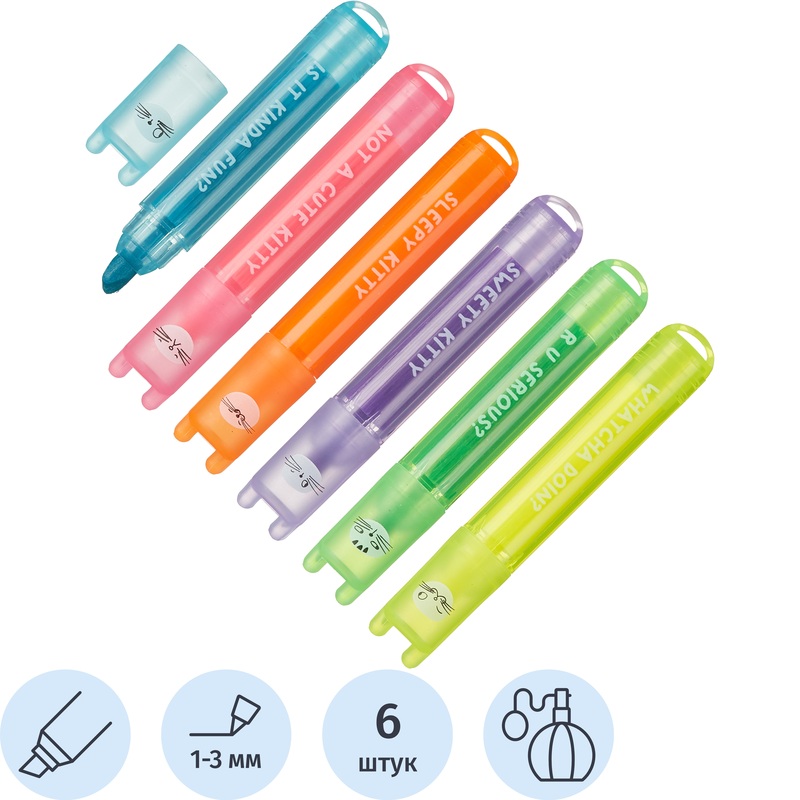 Изображение товара Мини-текстовыделители M&G So Many Cats 6 ярких цветов 1-3 мм водная основа