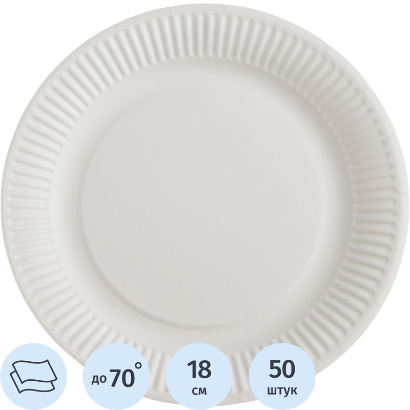 Изображение товара Одноразовая бумажная тарелка Комус Эконом 180 мм 50 штук белая