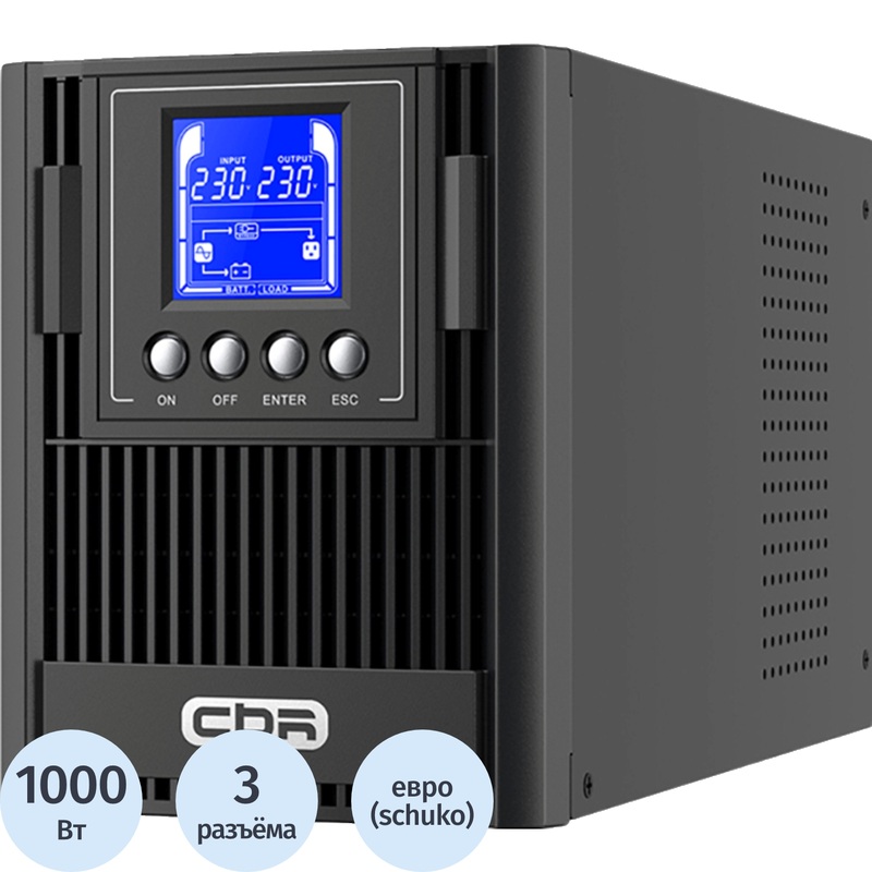 Изображение товара ИБП CBR [ESN-1KT-3F-LCHERSC] Online 1000ВА/1000Вт Tower 3xEURO, LCD
