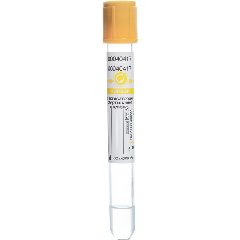 Изображение товара Вакуумные пробирки для крови Корвэй с активатором свёртывания и гелем 13x100 мм 5 мл (100 штук в упаковке)