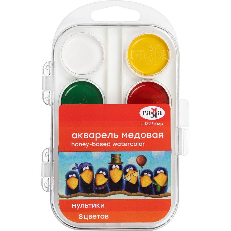 Изображение товара Краски акварельные медовые Гамма Мультики 8 цветов в пластиковом боксе