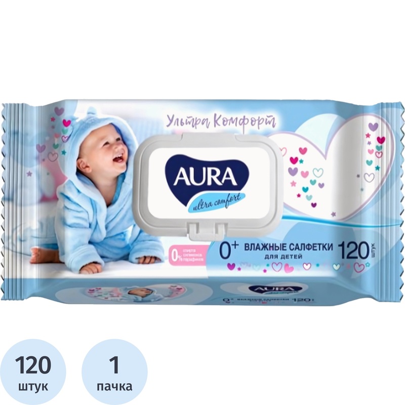 Изображение товара Салфетки влажные Aura Ultra Comfort детские флоупак с жёстким клапаном (120 листов в пачке)