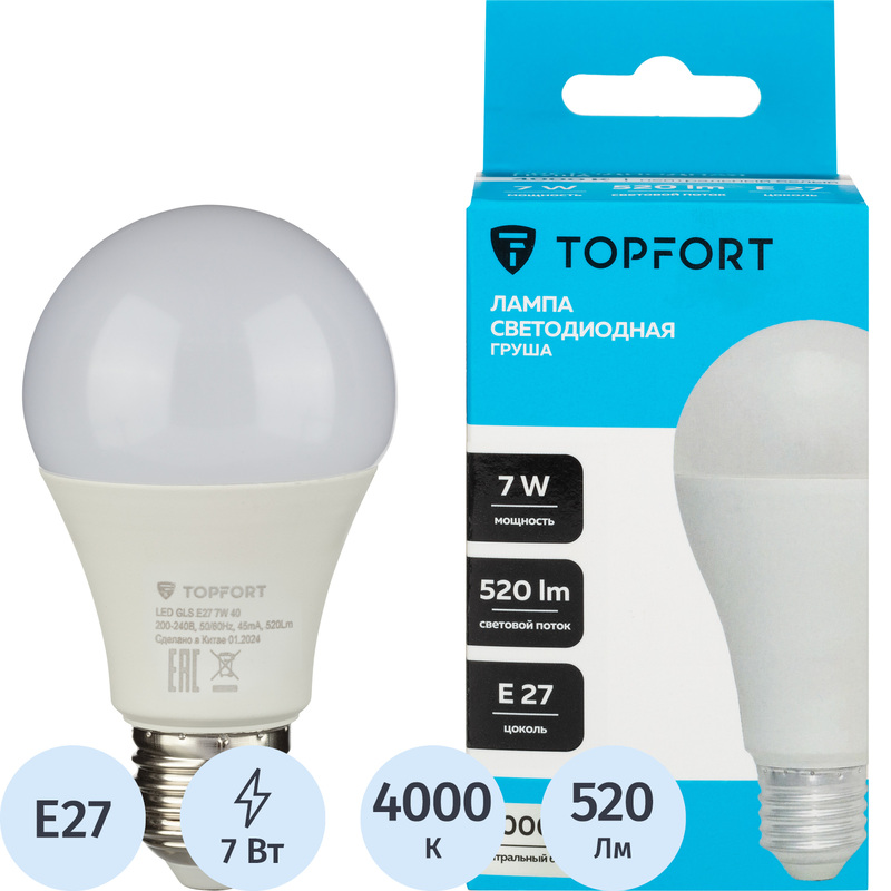 Изображение товара Лампа светодиодная TOPFORT 7 Вт E27 A 4000 К 520 Лм матовая