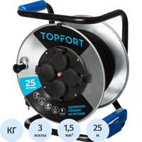 Удлинитель на катушке металл TOPFORT КГ 3x1.5 кв.мм. 25 м 16 А 3600 Вт   IP44 с заземлением 4 розетки