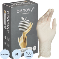 Перчатки медицинские смотровые латексные Benovy нестерильные опудренные  размер M (7-8) белые (50 пар/100 штук в упаковке)