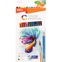 Карандаши акварельные Deli Color Emotion трёхгранные 12 цветов с кистью  в наборе