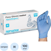 Перчатки медицинские смотровые нитриловые Foxy-Gloves нестерильные  неопудренные размер M (7-8) голубые (50 пар/100 штук в упаковке)