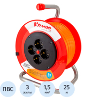Удлинитель на катушке пластик Комус ПВС 3x1.5 кв.мм 25 м 16 А 3600 Вт   IP20 с заземлением 4 розетки