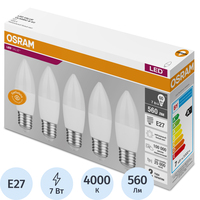 Лампа светодиодная Osram 7 Вт E27 C 4000 К 560 Лм матовая (5 штук в  упаковке, 4058075578043)