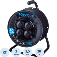 Удлинитель на катушке пластик TOPFORT КГ 3x2.5 кв.мм. 20 м 16 А 3500 Вт   IP44 с  заземлением 4 розетки