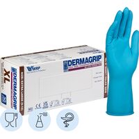 Перчатки медицинские смотровые Dermagrip High Risk латексные  неопудренные удлиненные голубые (размер XL, 50 штук/25 пар в упаковке)