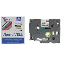 Картридж Vell VL-221 для принтера этикеток Brother (9 мм x 8 м, цвет  ленты белый, шрифт черный)