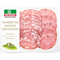 Колбаса Велком Брауншвейгская Миланская Велкомовская сырокопченая нарезка 90 г