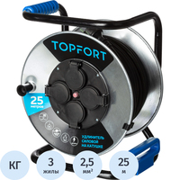 Удлинитель на катушке металл TOPFORT КГ 3x2.5 кв.мм. 25 м 16 А 3600 Вт   IP44 с заземлением 4 розетки