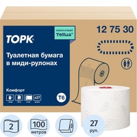 Бумага туалетная рулонная Торк (Tork) Mid-size Advanced T6 2-слойная  белая 27  рулонов по 100 метров (127530)