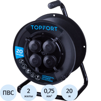 Удлинитель на катушке пластик TOPFORT ПВС 2х0.75 кв.мм. 20 м 6 А 1300 Вт   IP44 без заземления 4 розетки