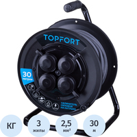 Удлинитель на катушке пластик TOPFORT КГ 3x2.5 кв.мм. 30 м 16 А 3500 Вт   IP44 с  заземлением 4 розетки