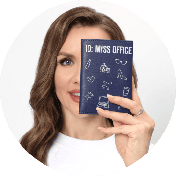 девушка с паспортом в обложке Miss Office